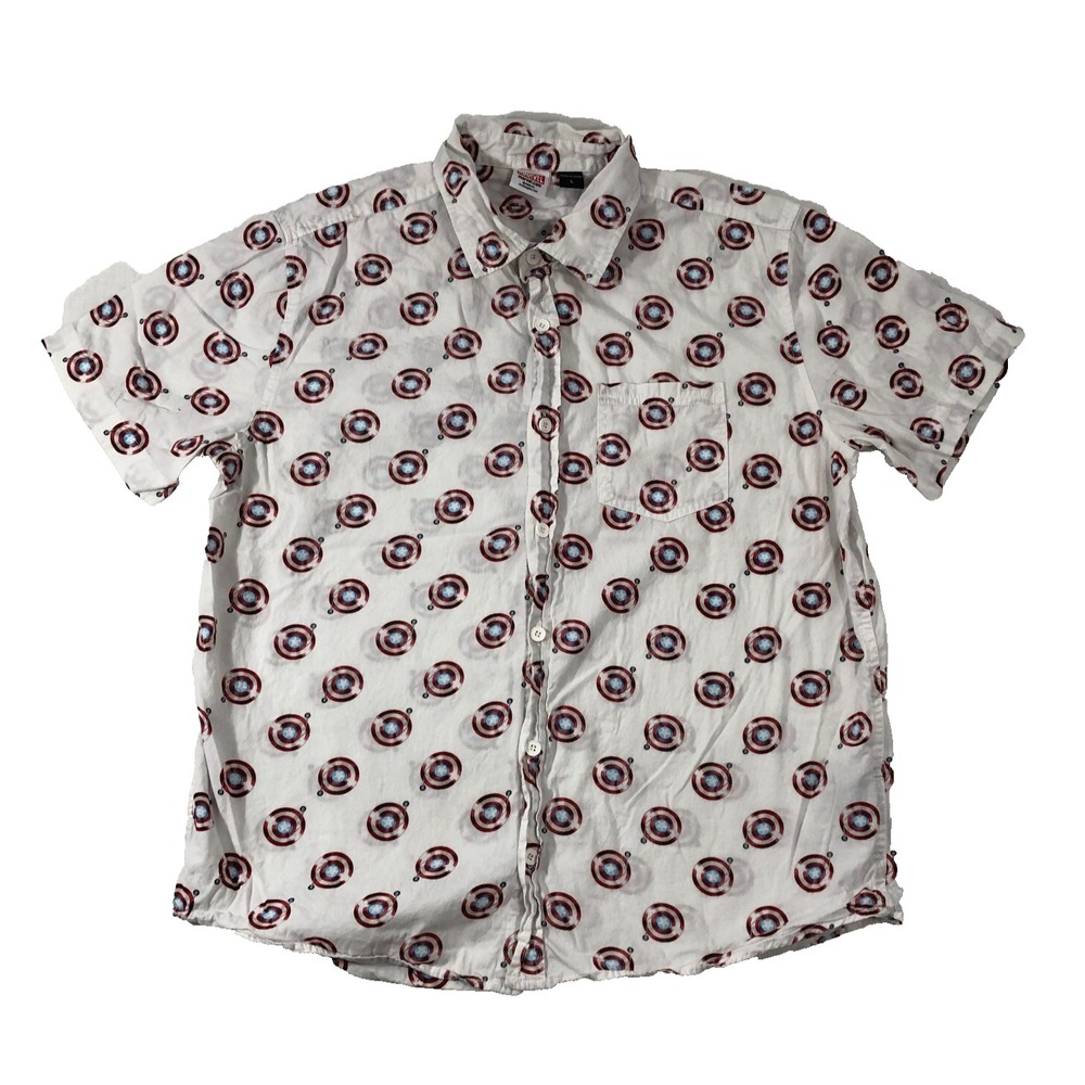 Marvel Shirt Men's L White Captain America AOP Shields Superhero Button Down S/S